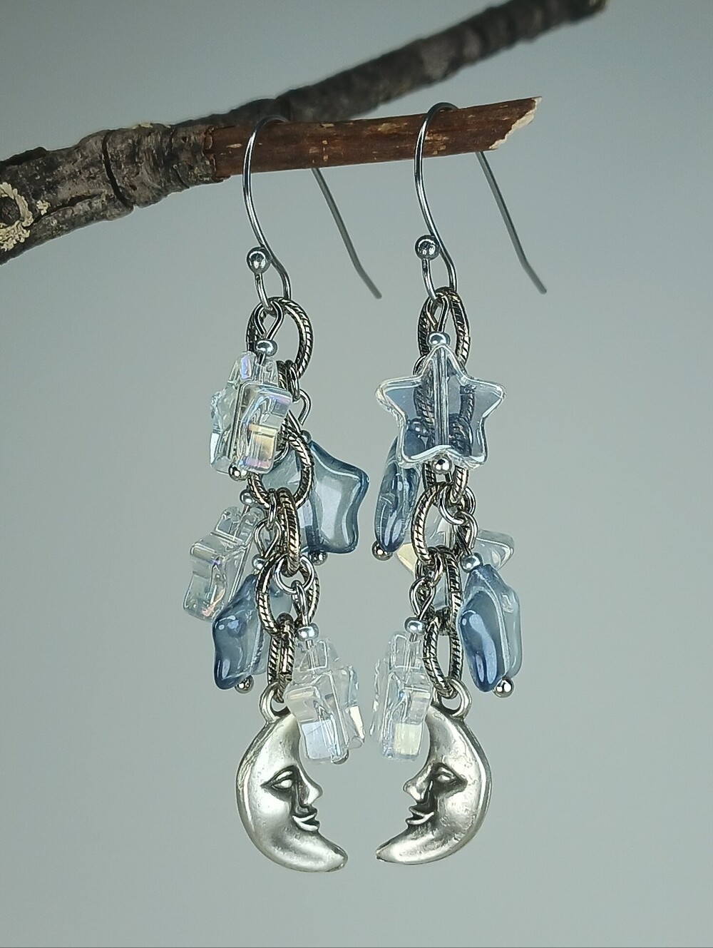 HAND CRAFTED Moon Star Dangle Earrings Celestial Blue Crystal Fairycore